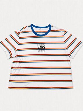 Vans White Short-Sleeve Striped Ringer Tee with Blue Collar
